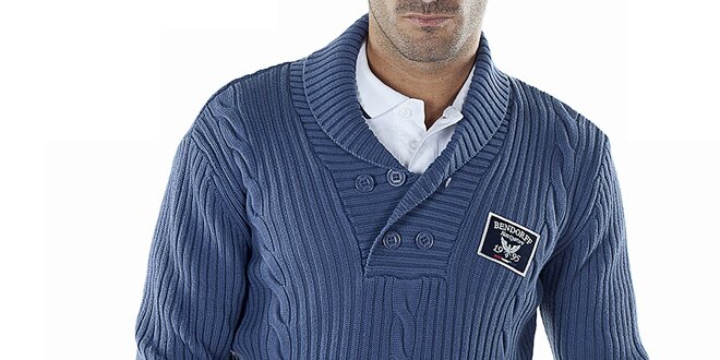 Pánsky modrý sveter s vrkočovým vzorom Bendorff