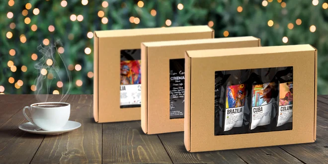 Darčekové balíčky kávy, aj s čajmi či medovinou