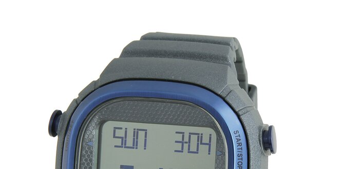 Tmavo šedé digitálne hodinky Adidas s modrými detailami