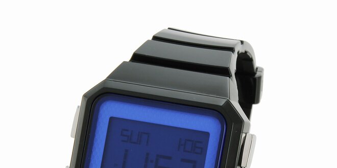 Čierne digitálne hodinky Adidas s modrým ciferníkom