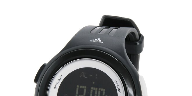 Čierne športové digitálne hodinky Adidas s bielymi detailami