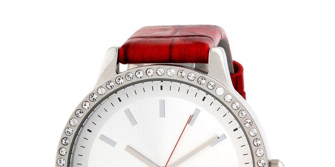 Dámske analogové hodinky s kryštáľmi a červeným remienkom Miss Sixty