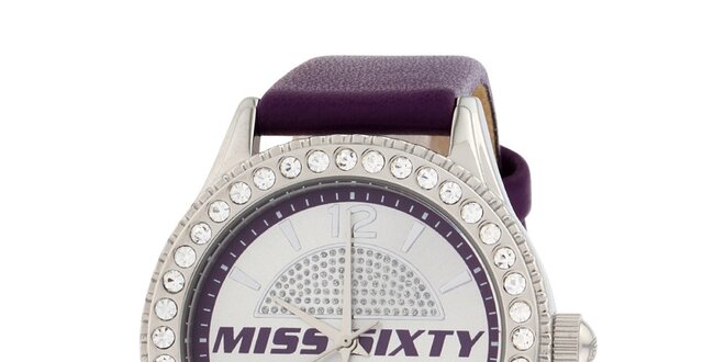 Dámske fialové analogové hodinky Miss Sixty s kamienkami a koženým remienkom