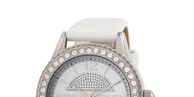 Dámske biele analogové hodinky Miss Sixty s kamienkami a koženým remienkom