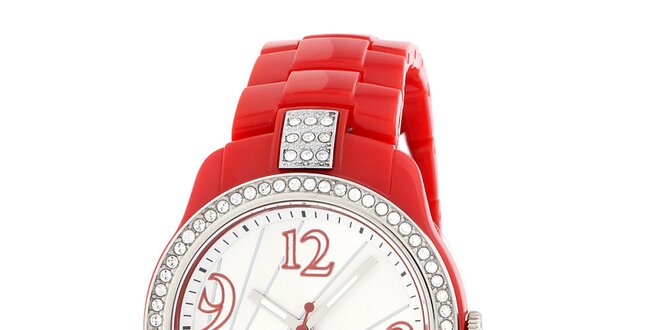 Dámske bielo-červené hodinky Miss Sixty s kamienkami