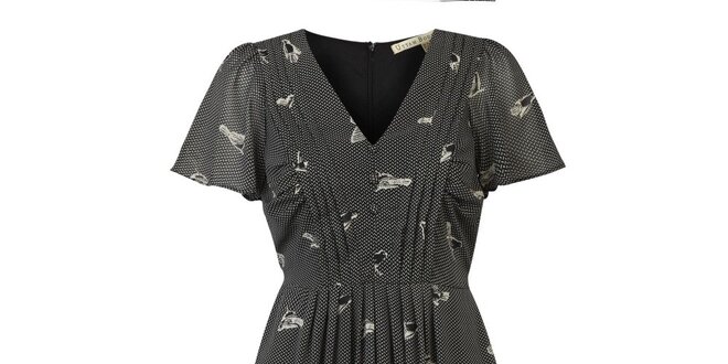 Dámske čierne bodkované šaty s potlačou vtáčikov Uttam Boutique