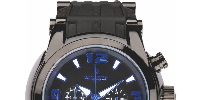 Pánske čierne hodinky s modrými detailmi a chronografom Lancaster