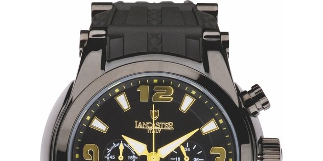 Pánske čierne hodinky so žlto-zlatými detailmi a chronografom Lancaster