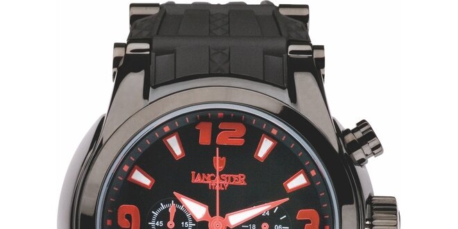 Pánske čierne hodinky s červenými detailmi a chronografom Lancaster