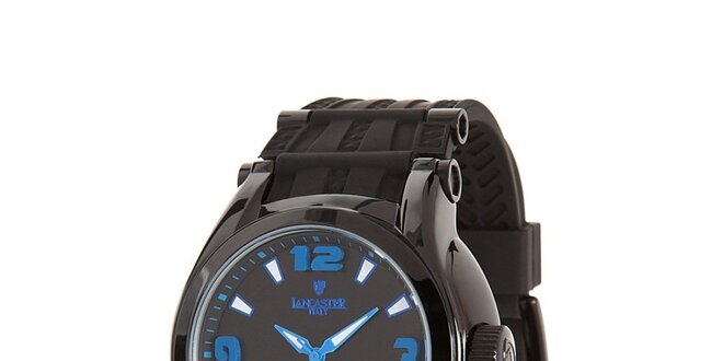 Pánske čierne analogové hodinky s modrými detailmi Lancaster