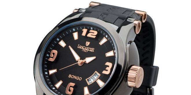 Pánske čierne analogové hodinky s  ružovo-zlatými detailmi Lancaster