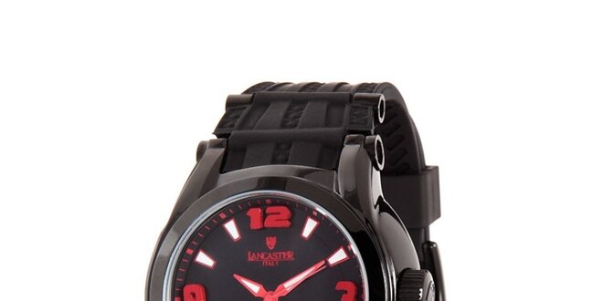 Pánske čierne analogové hodinky s červenými detailmi Lancaster