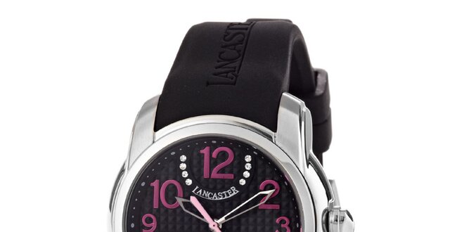 Dámske čierne analogové hodinky Lancaster s ružovými detailmi