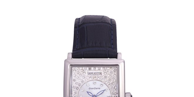 Dámske strieborné oceľové hodinky Lancaster s kryštálmi a modrými ručičkami