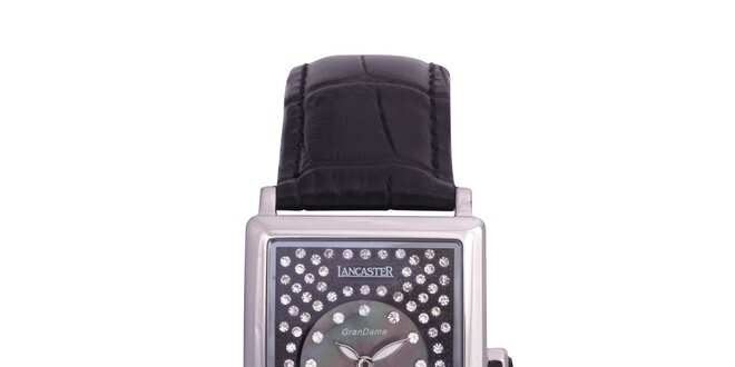 Dámske strieborné oceľové hodinky Lancaster s kryštálmi a koženým remienkom
