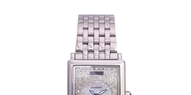 Dámske strieborné oceľové hodinky Lancaster s kryštálmi a modrými ručičkami