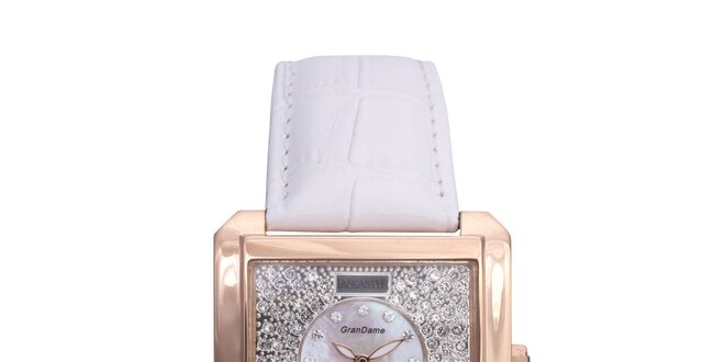 Dámske luxusné pozlátené hodinky s bielym koženým remienkom Lancaster