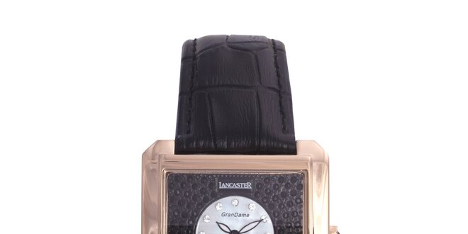 Dámske luxusné pozlátené hodinky s čiernym koženým remienkom Lancaster