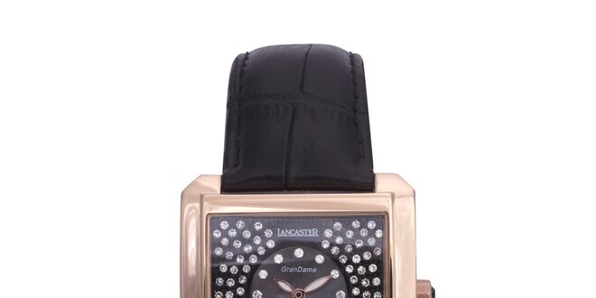 Dámske luxusné pozlátené hodinky s čiernym koženým remienkom Lancaster