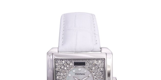 Dámske strieborné oceľové hodinky s bielym koženým remienkom Lancaster