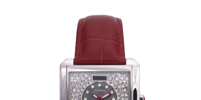 Dámske strieborné oceľové hodinky s červeným koženým remienkom Lancaster