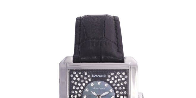 Dámske strieborné oceľové hodinky s čiernym koženým remienkom Lancaster