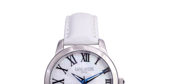 Dámske strieborné hodinky s bielym koženým remienkom Lancaster