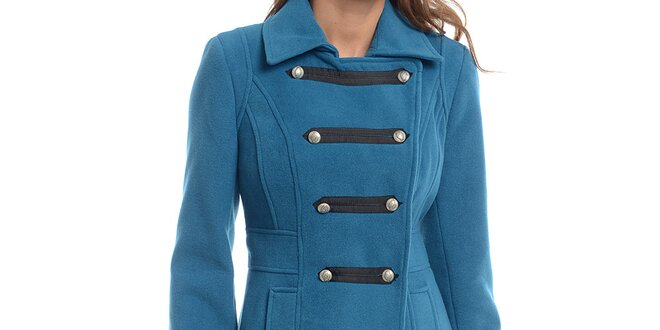 Dámsky tyrkysovo modrý kabát s vojenským zapínaním Estella