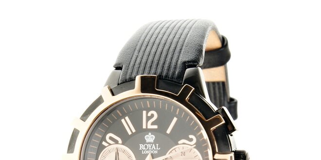 Dámske zlato-čierne hodinky Royal London s čiernym koženým remienkom