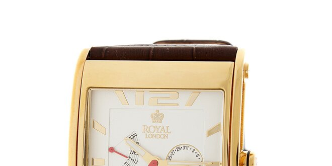 Zlaté hodinky Royal London s hnedým koženým remienkom
