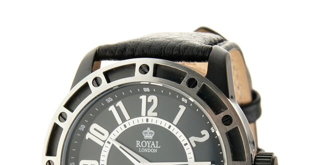 Čierno-strieborné hodinky Royal London s čiernym koženým remienkom