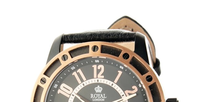 Zlato-čierne hodinky Royal London s čiernym koženým remienkom