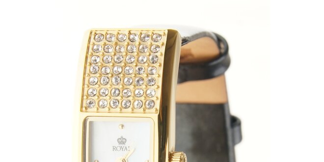 Dámske zlaté hodinky Royal London s čiernym remienkom a kryštálmi