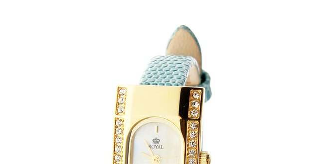 Dámske zlaté hodinky Royal London s tyrkysovým remienkom a kryštálmi