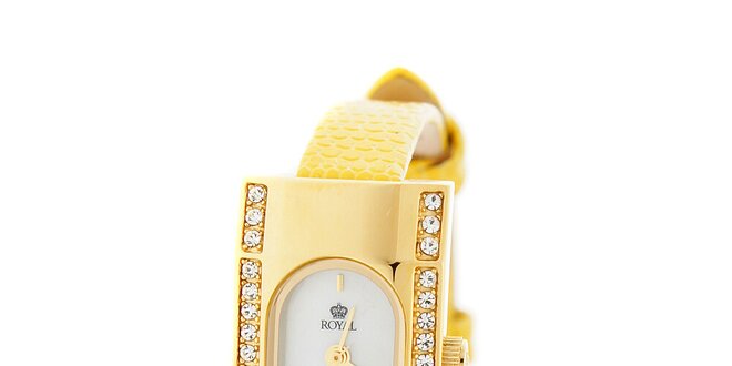 Dámske zlaté hodinky Royal London so žltým remienkom a kryštálmi