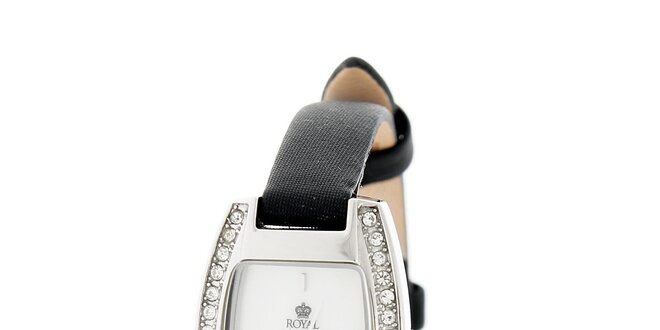 Dámske strieborné hodinky Royal London s čiernym remienkom a kryštálmi