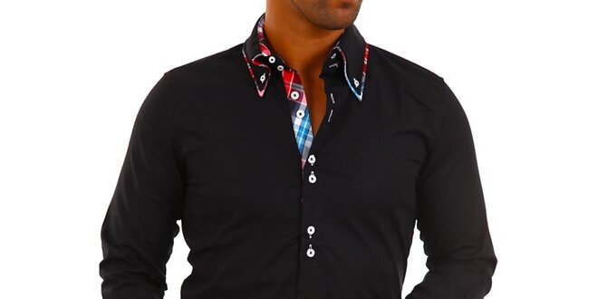 Pánska čierna košeľa s golierikom a modro-bielo-červenou kockou Carisma