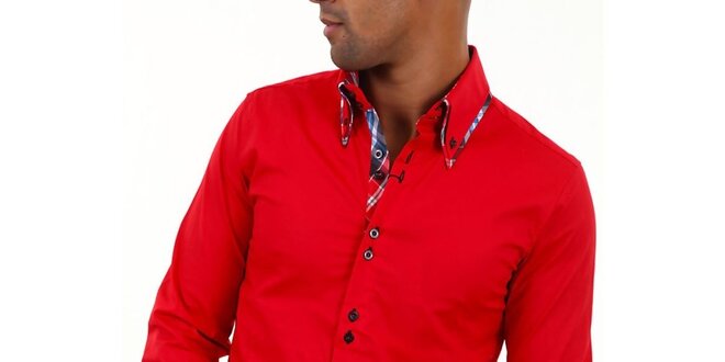 Pánska červená košeľa s golierikom a modro-bielo-červenou kockou Carisma