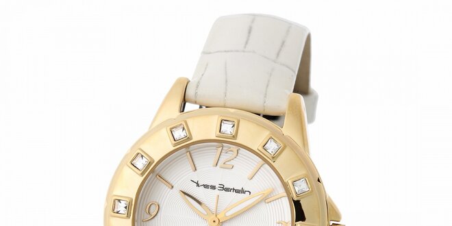 Dámske zlaté hodinky Yves Bertelin s bielym koženým remienkom a kamienkami