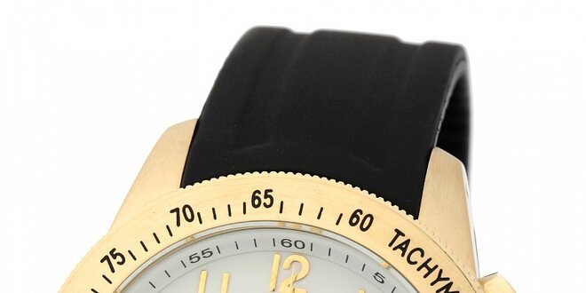 Pánske zlaté hodinky Yves Bertelin s čiernym pryžovým remienkom