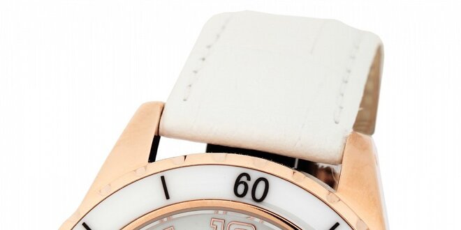 Pánske zlaté hodinky Yves Bertelin s bielym koženým remienkom
