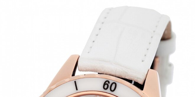 Dámske zlaté hodinky Yves Bertelin s bielym koženým remienkom