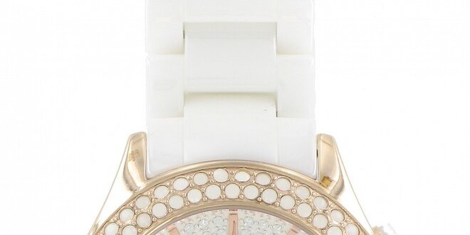 Dámske zlaté hodinky Yves Bertelin s bielym keramickým remienkom