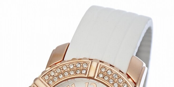 Dámske zlaté hodinky Yves Bertelin s bielym pryžovým remienkom