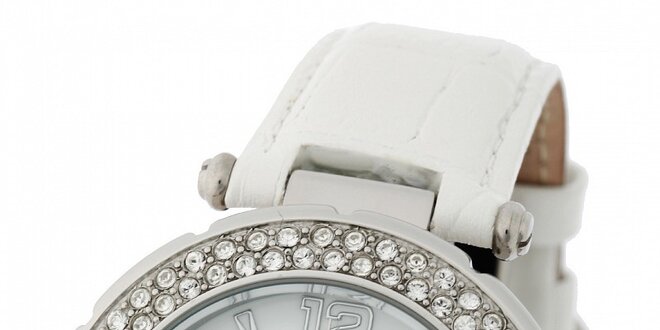 Dámske ocelové hodinky Yves Bertelin s kamienkami a bielym koženým remienkom