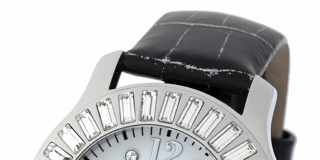 Dámske ocelové hodinky Yves Bertelin s čiernym koženým remienkom a kamienkami