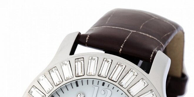 Dámske ocelové hodinky Yves Bertelin s hnedým koženým remienkom a kamienkami