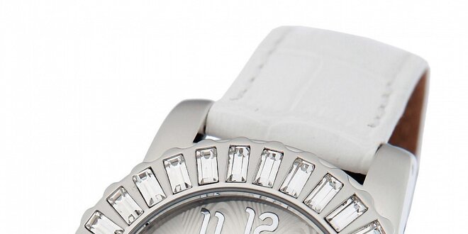 Dámske ocelové hodinky Yves Bertelin s bielym koženým remienkom a kamienkami