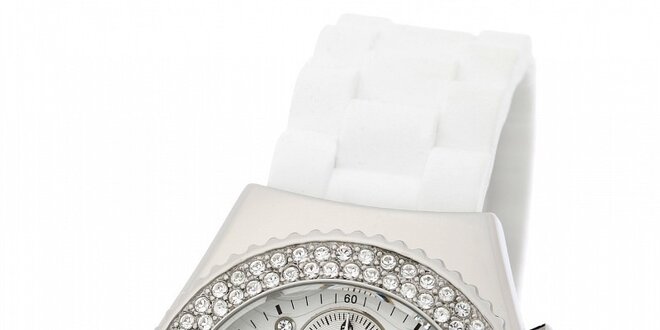Dámske ocelové hodinky Yves Bertelin s kamienkami a bielym pryžovým remienkom
