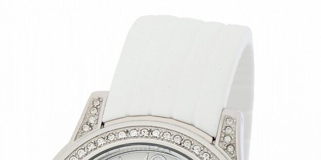 Dámske ocelové hodinky Yves Bertelin s kamienkami a bielym pryžovým remienkom